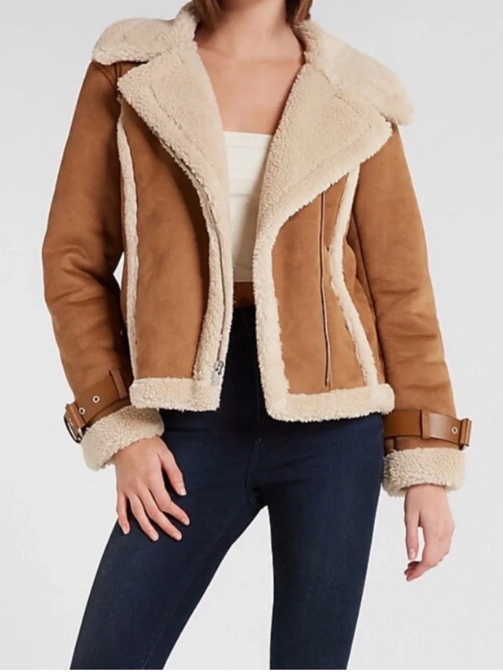 Express Tan Faux Suede Teddy Jacket with Cream Shearling